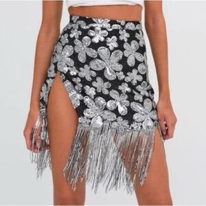 For love and lemons Colette Floral Fringe Mini Skirt - Black and Silver